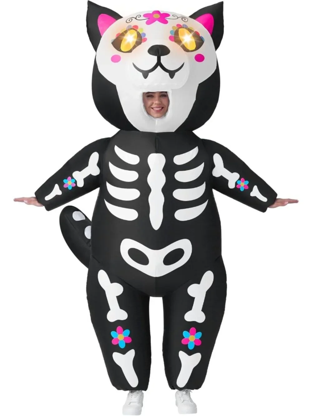 LED Eyes Inflatable Skeleton Cat Costume for Adults - Full Body Halloween Fun